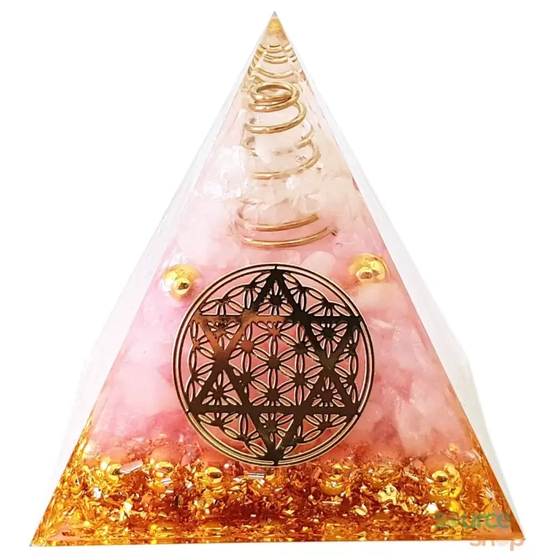 Pyramide orgonite Quartz rose Fleur de Vie Hexagramme