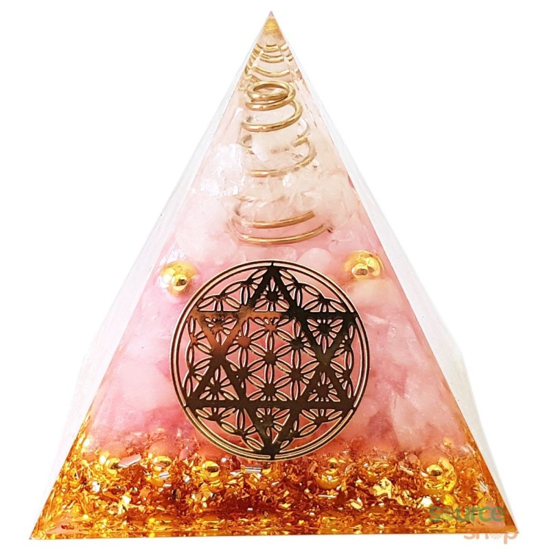 Pyramide orgonite Quartz rose Fleur de Vie Hexagramme