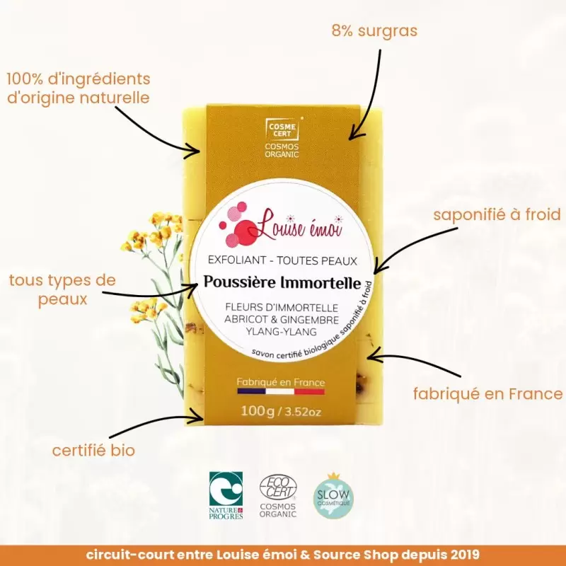 Savon exfoliant BIO à l'immortelle - Poussière d'immortelle - Louise émoi