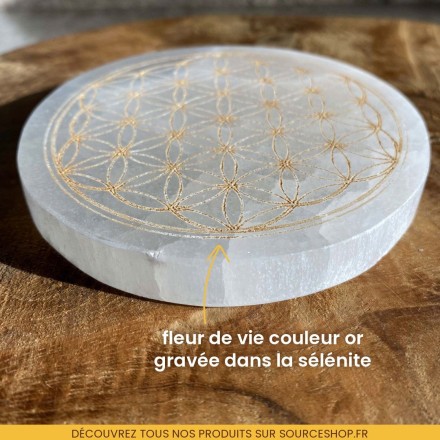 Plaque de rechargement en sélénite Fleur de Vie or