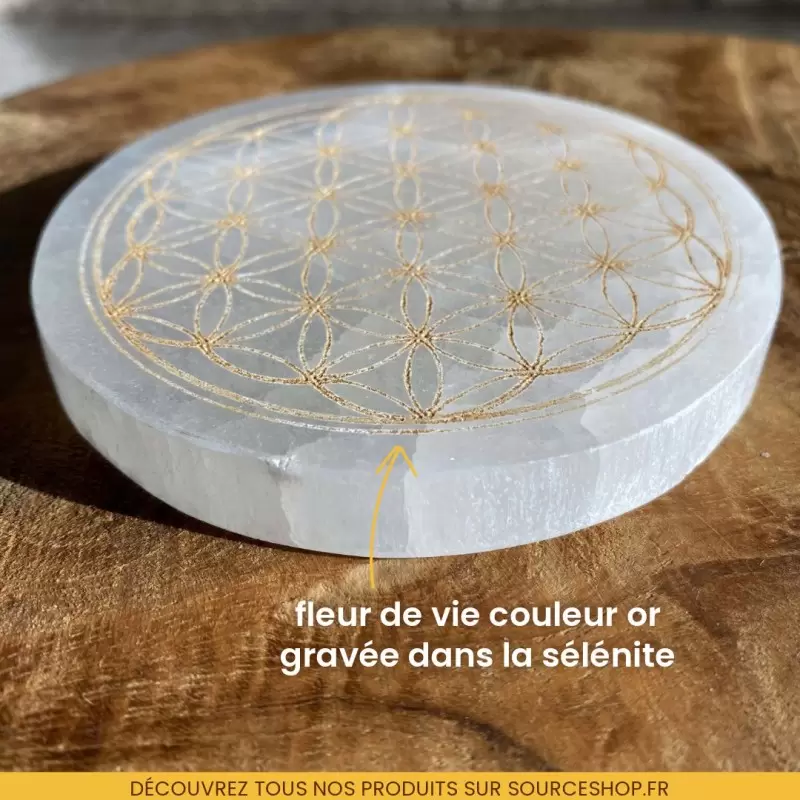 Plaque en sélénite Fleur de Vie or