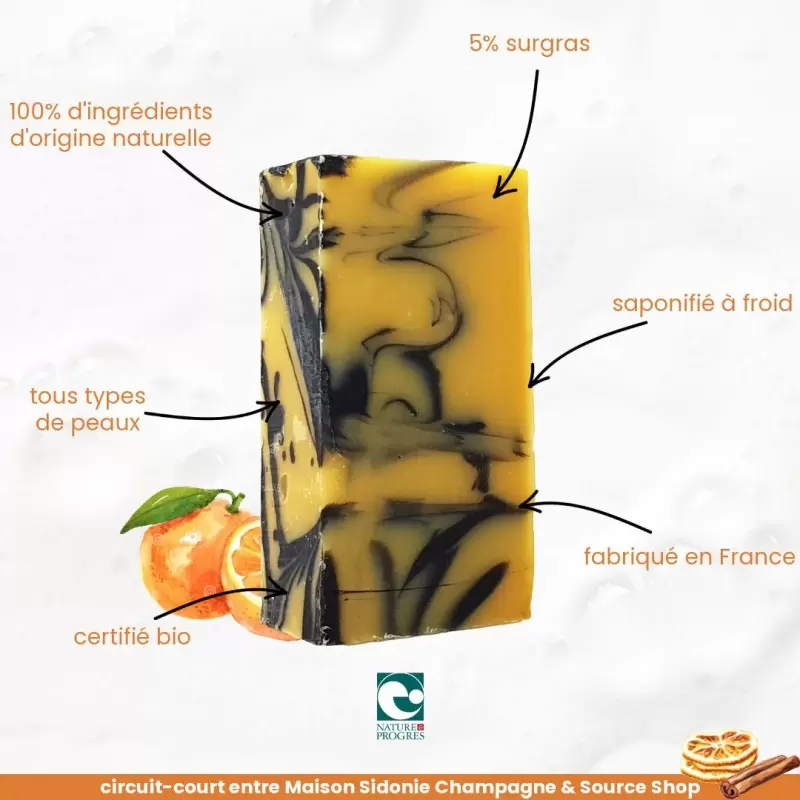 Savon BIO Orange & Cannelle - 200g - Maison Sidonie Champagne