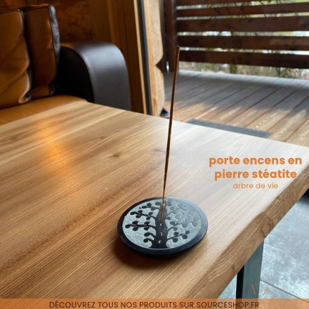 Porte encens rond en pierre stéatite - Arbre de vie