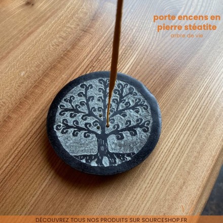 Porte encens rond en pierre stéatite - Arbre de vie