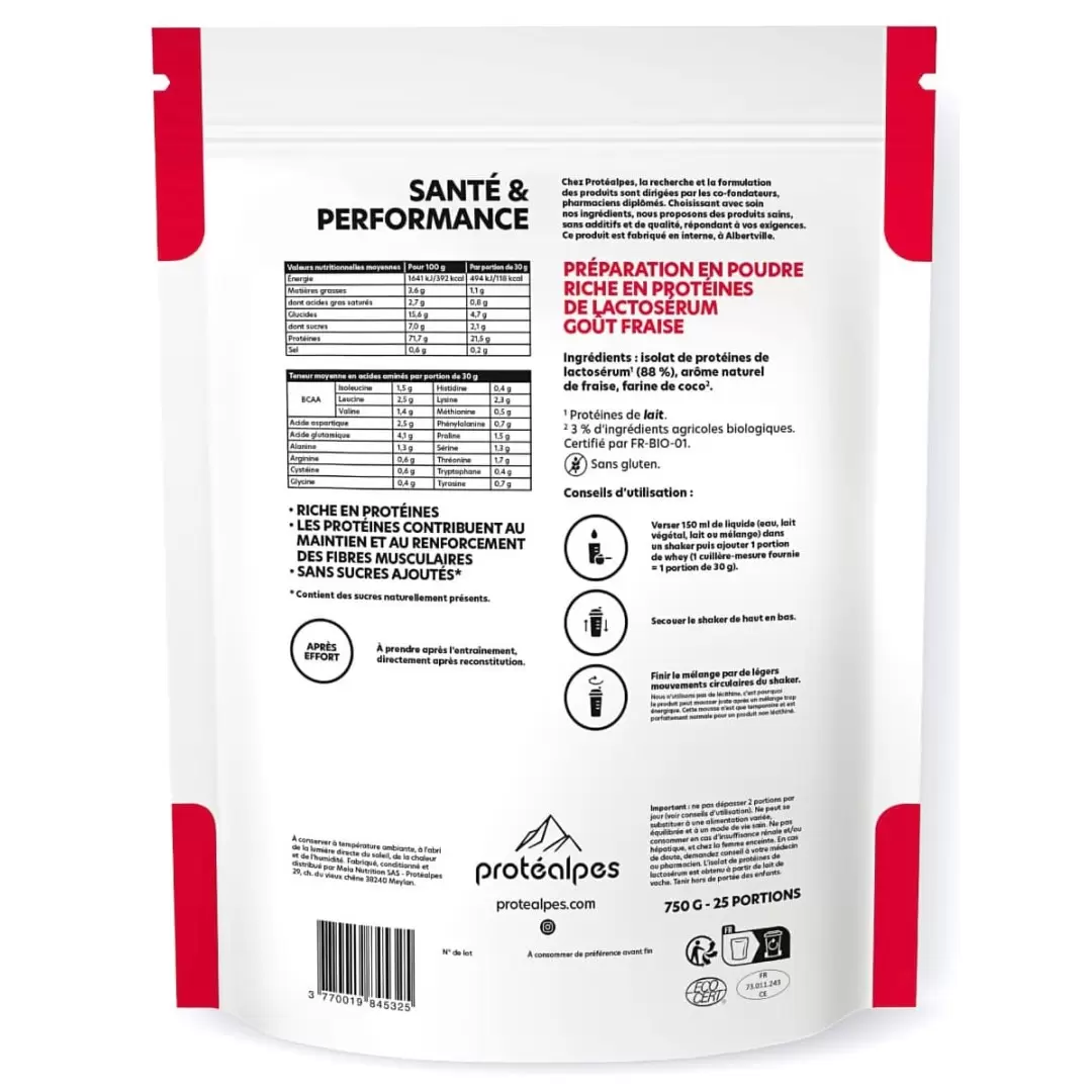 Whey Protéine Fraise - 750g - Sans Sucres Ajoutés | Protéalpes