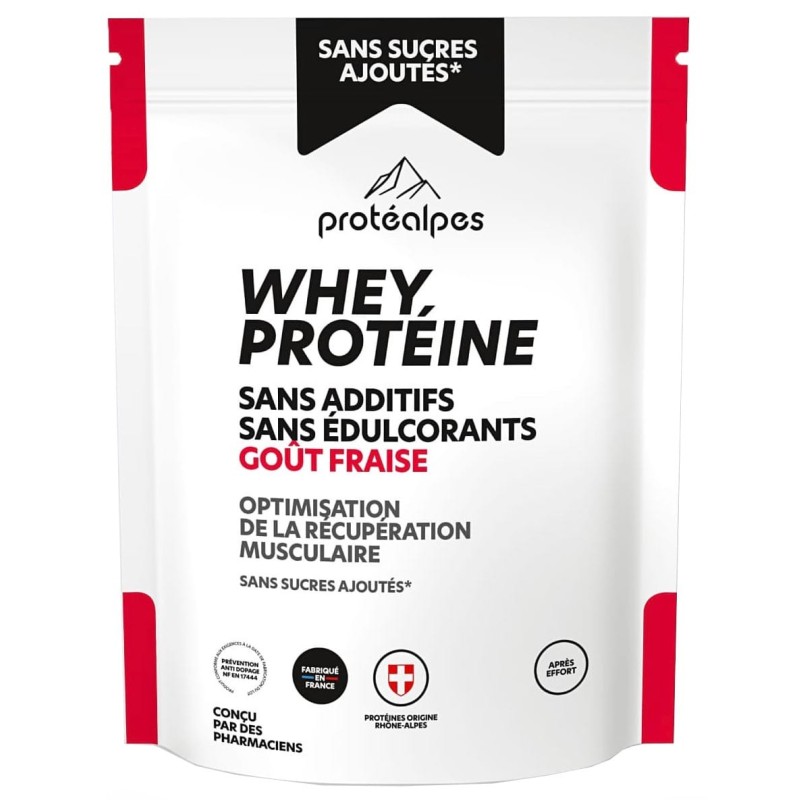 Whey Protéine Fraise - 750g - Sans Sucres Ajoutés | Protéalpes