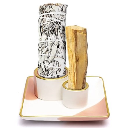 Brûleur de fumigation rose & or – support Palo Santo