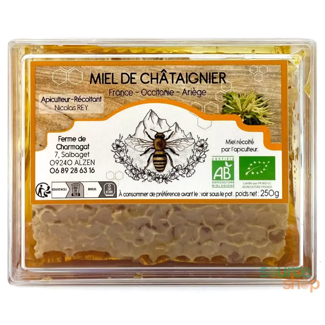 Miel en rayon de Châtaigner BIO des Pyrénées - Ferme de Charmagat