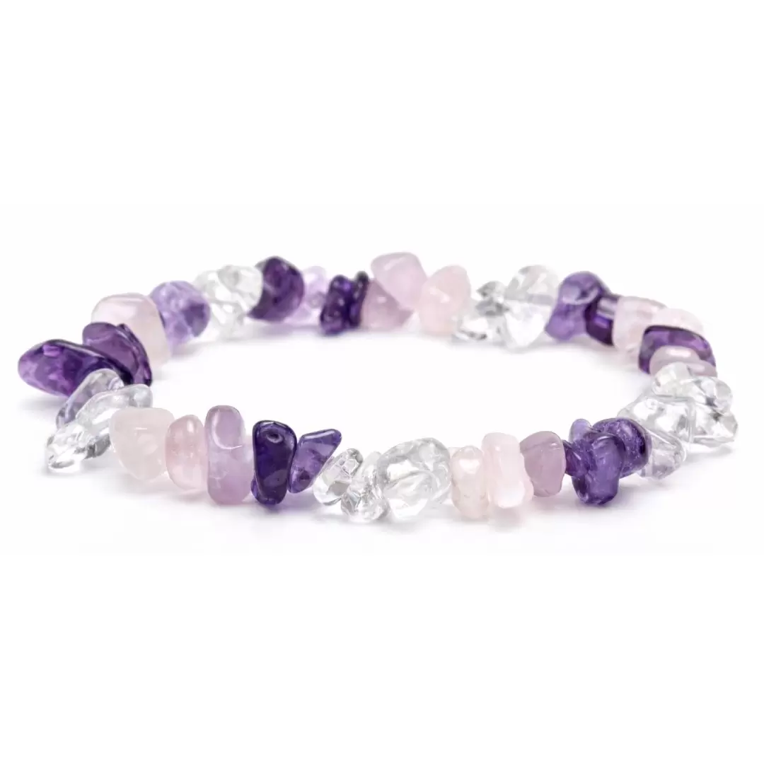 Bracelet chips triangle d'or: améthyste, cristal de roche, quartz rose