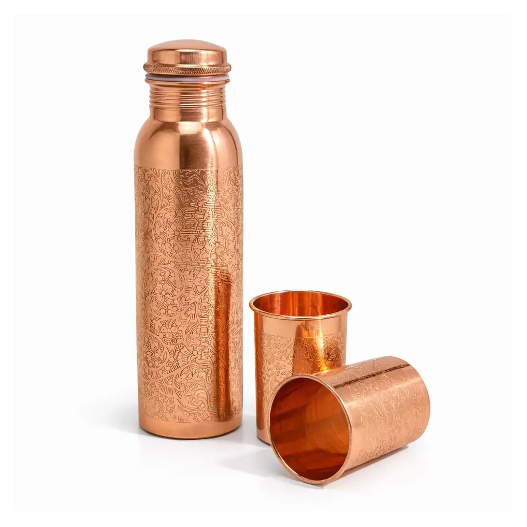 Coffret gourde cuivre 950ml & 2 verres 250ml – Motif floral