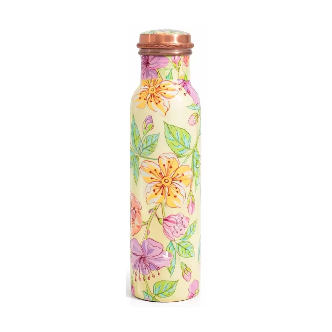 Gourde en cuivre imprimé floral 950ml – Eau ayurvédique naturelle