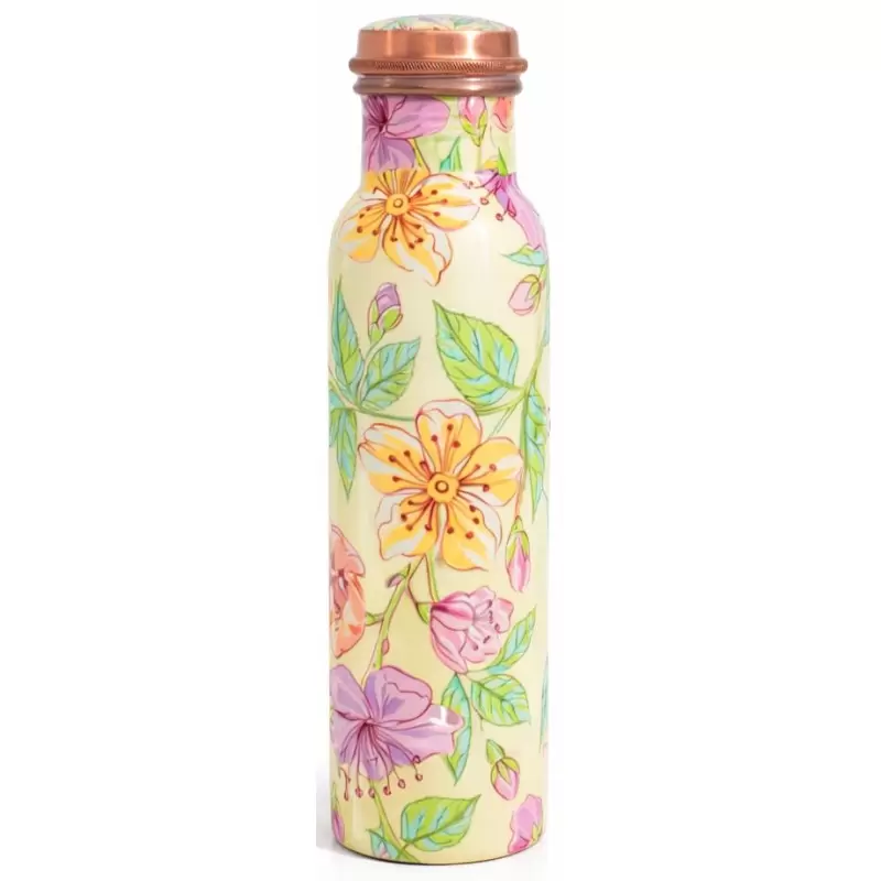 Gourde en cuivre imprimé floral 950ml – Eau ayurvédique naturelle