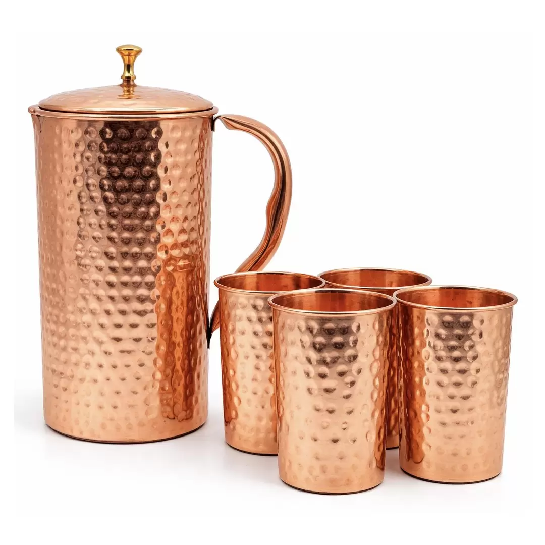 Coffret carafe à eau + 4 verres en cuivre martelé