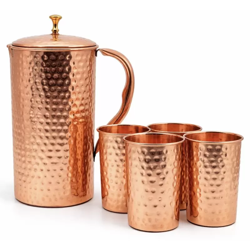 Coffret carafe à eau + 4 verres en cuivre martelé