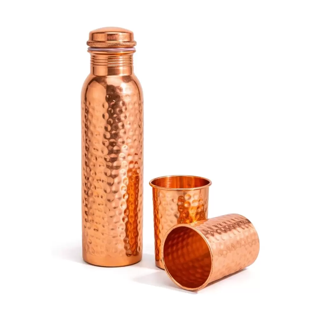 Coffret gourde cuivre 950ml & 2 verres 250ml martelé