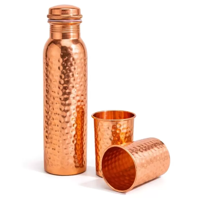 Coffret gourde cuivre 950ml & 2 verres 250ml martelé