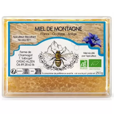 Miel en rayon de Montagne BIO des Pyrénées - Ferme de Charmagat