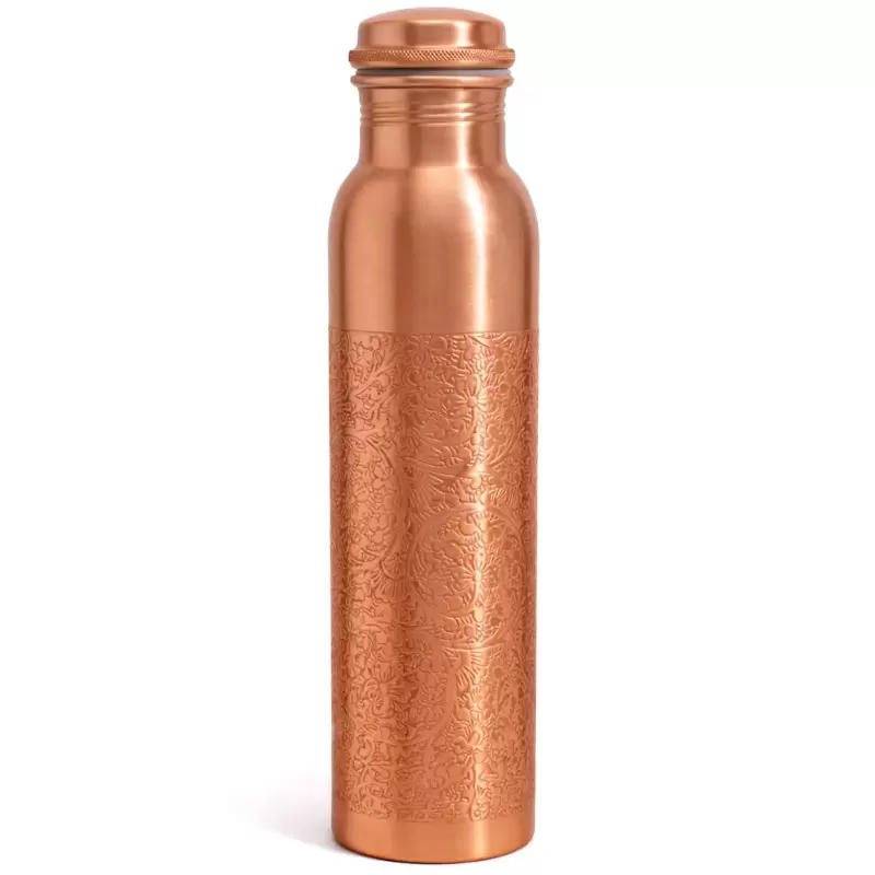 Gourde en cuivre mat motif floral grave 950ml - bouteille ayurvedique cuivre pur