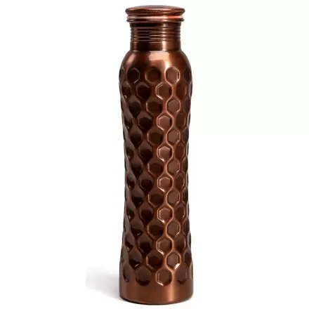 Gourde en cuivre antique nid d'abeille courbée 950ml - bouteille cuivre hexagonale ayurvedique