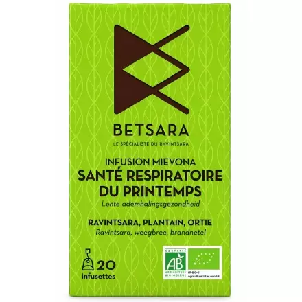 Infusion bio Santé Respiratoire du Printemps au ravintsara, plantain, ortie - Mievona de Betsara