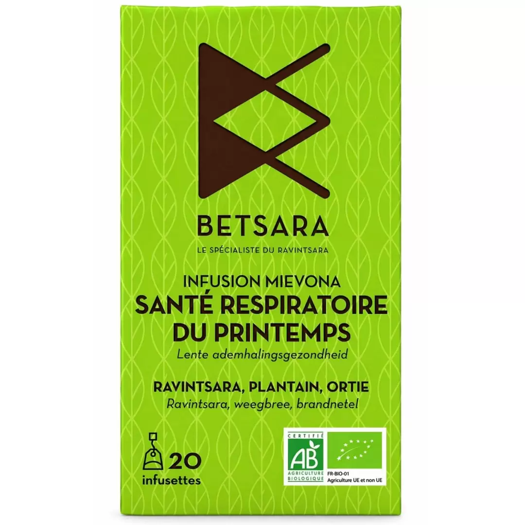 Infusion bio Santé Respiratoire du Printemps au ravintsara, plantain, ortie - Mievona de Betsara