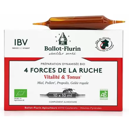 Ampoules Vitalité & Tonus Bio au miel, pollen, propolis et gelée royale - 4 Forces de la Ruche | Ballot Flurin