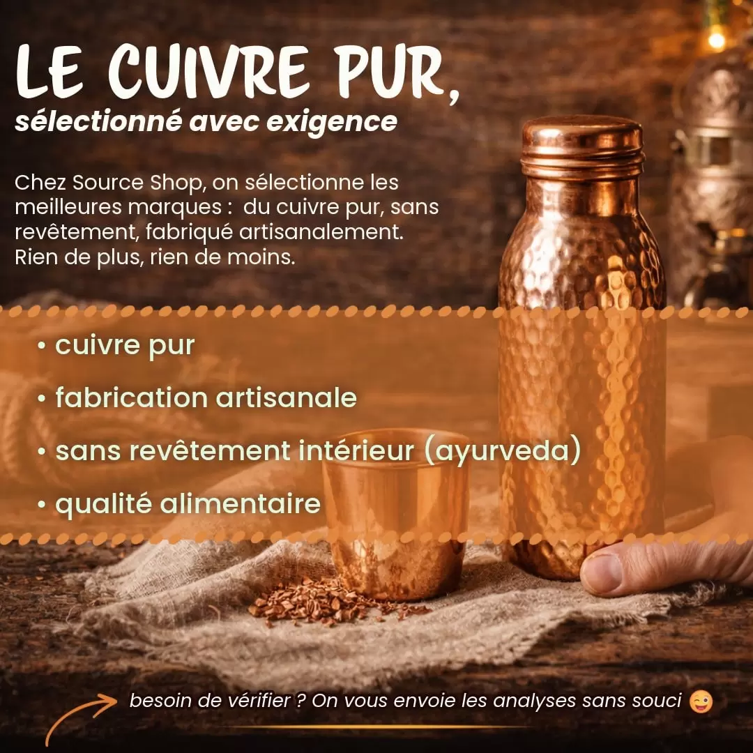 Coffret gourde cuivre lisse 950ml + 2 verres cuivre pur 300ml assortis ayurveda