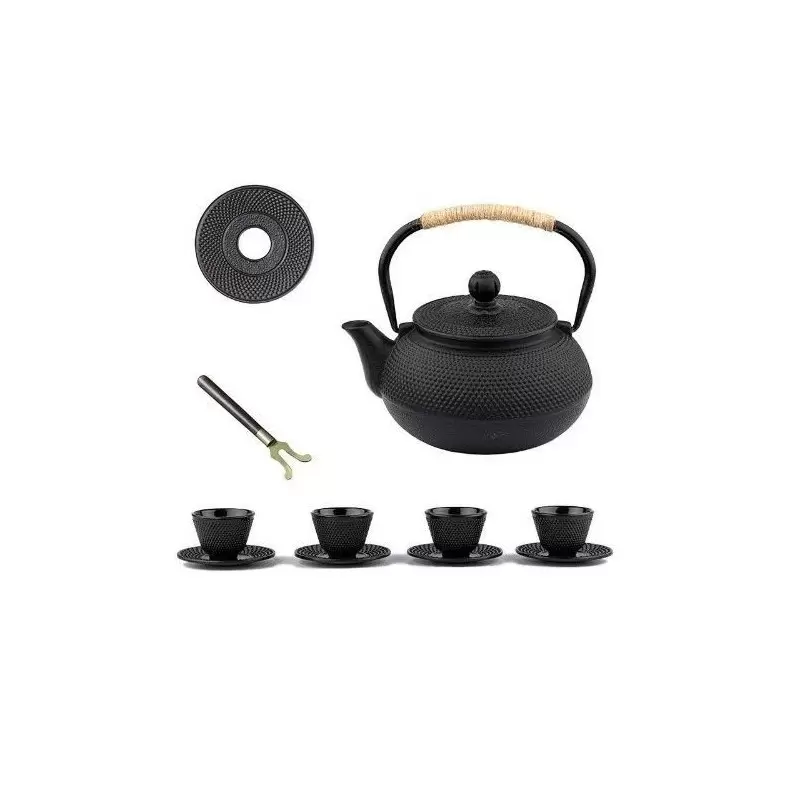 Service à thé: Théière Tetsubin + 4 tasses + assiette + porte couvercle