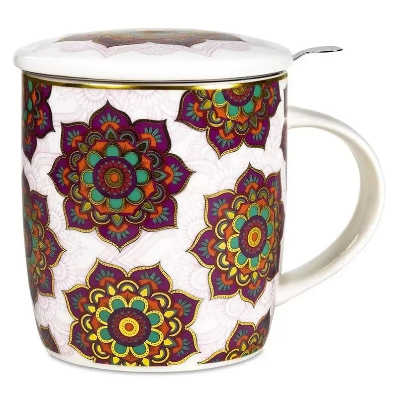 Mug à infusion en porcelaine avec filtre en inox - Mandala rouge