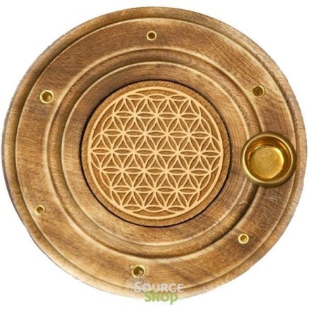 Porte encens rond en bois avec fleur de vie - 10 cm