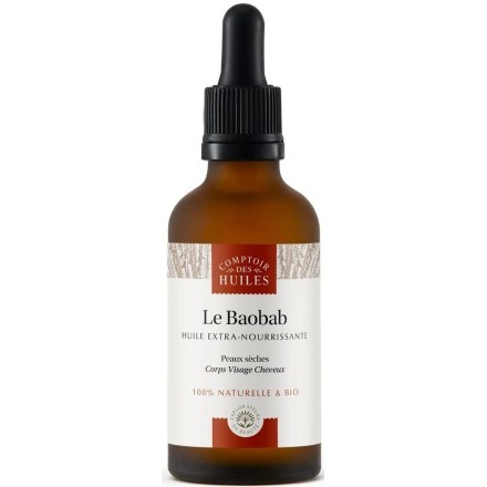 Huile de baobab bio Comptoir des Huiles flacon verre ambré soin visage corps cheveux
