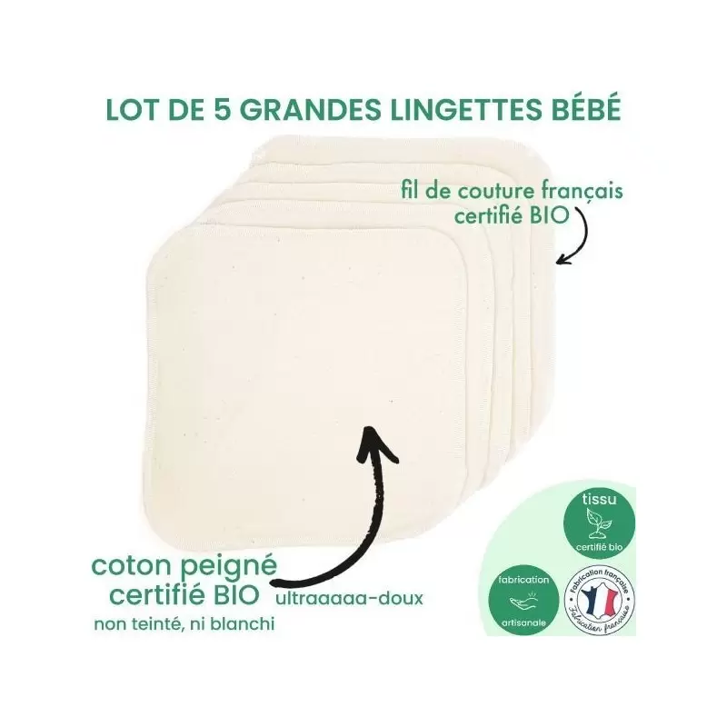 Lot de 5 grandes lingettes bébé réutilisable & lavable - coton BIO ultra-doux non teinté ni blanchi