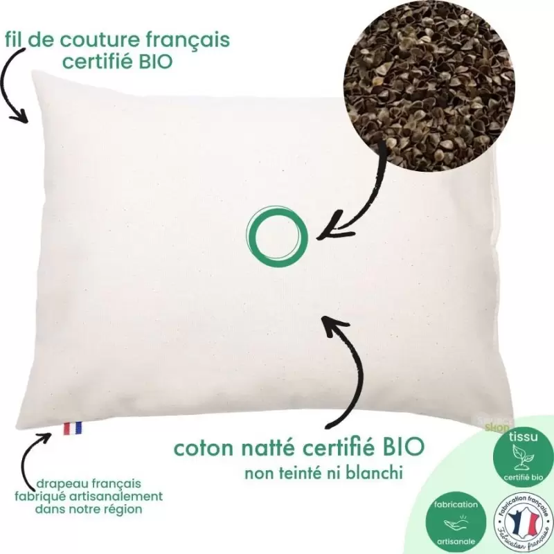 Oreiller BIO en cosses de sarrasin et coton BIO - Artisanal & Français