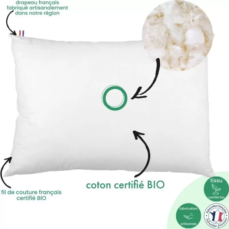 Oreiller BIO plumes canard & oie - 5% duvet - Artisanal & Français