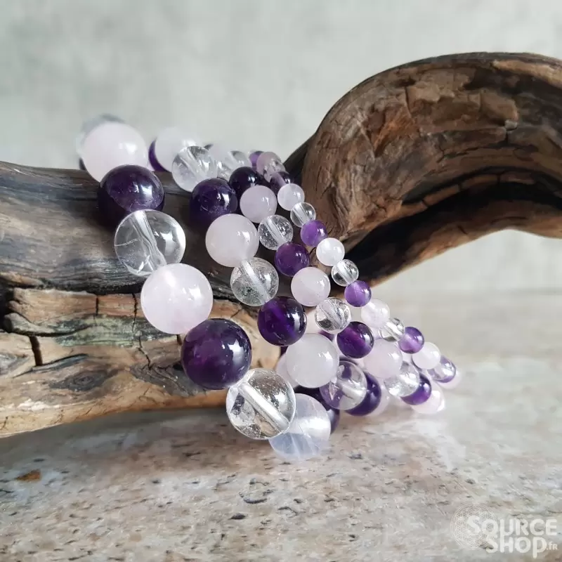 Bracelet triangle d'or : améthyste, cristal de roche, quartz rose