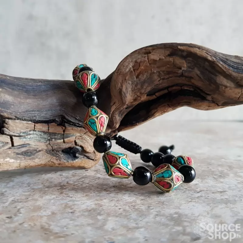 Bracelet turquoise, corail & agate noire - Equilibre et harmonie