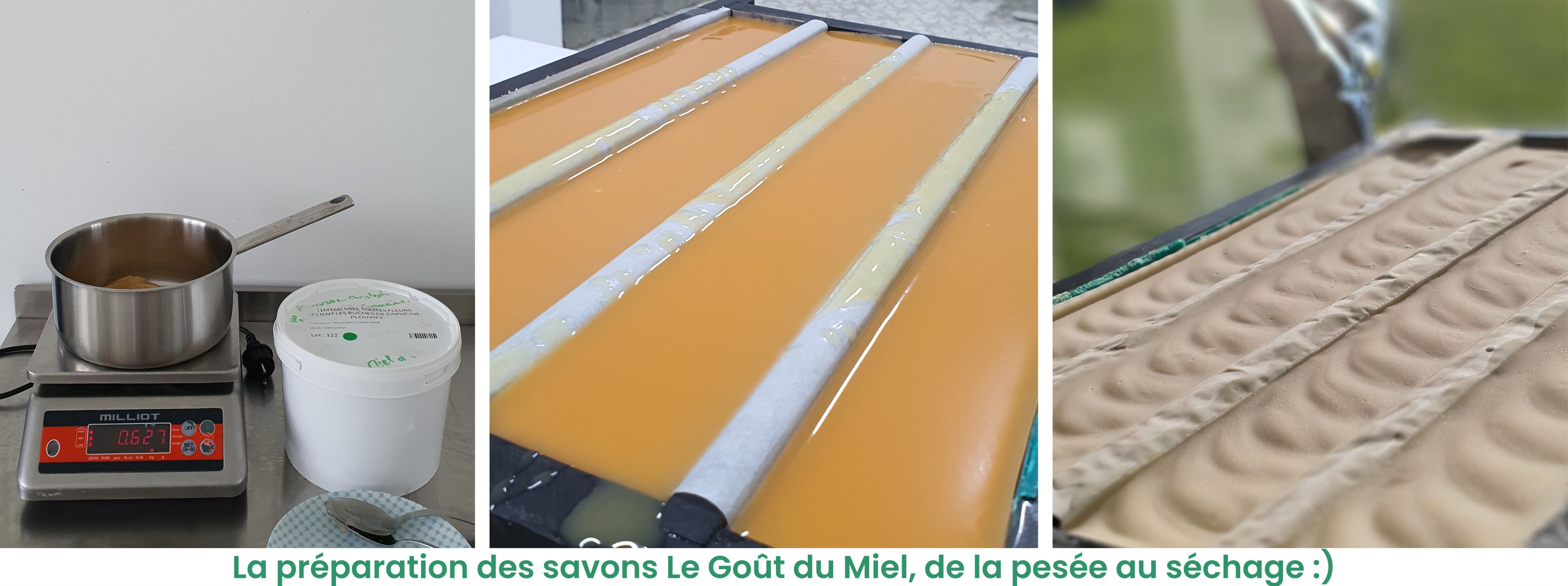 Fabrication des savons artisanaux Le Goût du Miel, de la pesée des ingrédients au séchage